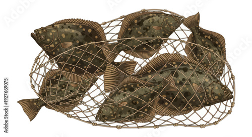 Fresh Flounder Fish Caught in Fishing Net, Isolated on White Background