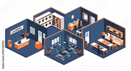 Isometric illustration of a modern office space with various workstations and facilities.