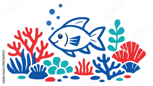 Colorful graphic marine life set featuring a fish, coral, and various sea plants for underwater scenes and children's designs