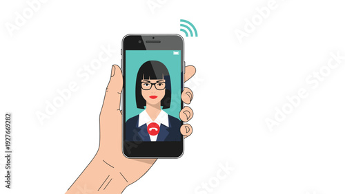 Hand holding a mobile phone showing a professional woman on the screen during a video call with a wireless signal icon in the background.