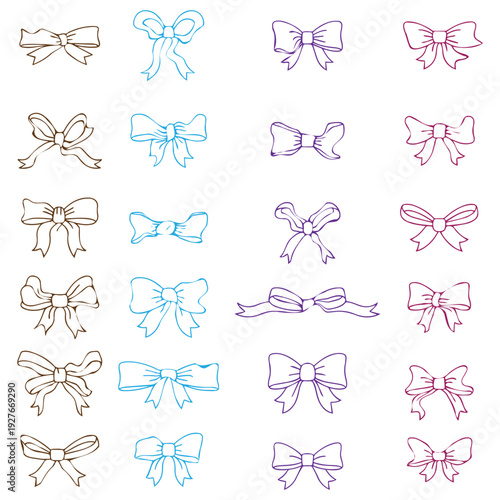 Hand-Drawn Ribbon Bows Collection, Featuring 24 Ribbon Doodle Bows in this set with multiple colors. perfect vector illustration