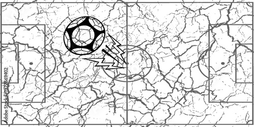 Black and white vector illustration of a soccer ball amidst a gray textured background with abstract lines. Simple yet dynamic design, ideal for soccer-related materials,