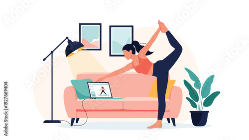 Active woman practicing a yoga pose in her cozy living room while following an online tutorial on her laptop for home fitness and wellness.