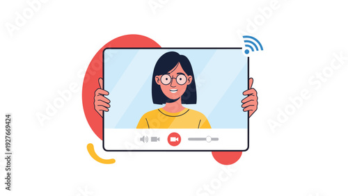 Person holding a tablet or digital screen showing a woman during a video conference with icons for volume camera and wireless connection.