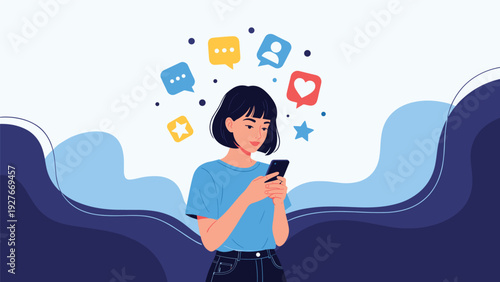 Young woman looking at her smartphone while surrounded by colorful floating social media icons like hearts stars messages and user profiles.