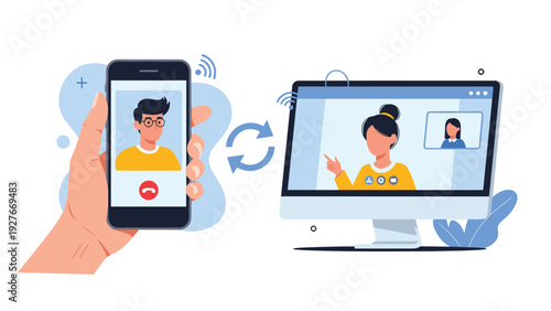 Digital communication concept showing a hand holding a smartphone synced with a computer monitor for a seamless video calling experience.