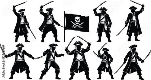 Black silhouette set of pirate captains and buccaneers holding swords and cutlasses with jolly roger flag for nautical adventure and maritime corsair design.