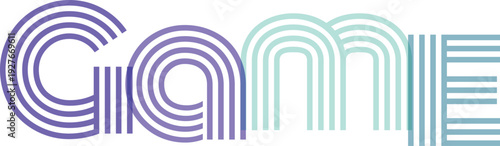 Game entertainment word graphic using violet and teal curved typography for gaming industry and digital leisure activities