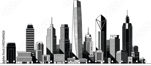 Black and White Modern City Skyline Vector Illustration with Skyscrapers, Urban Downtown Architecture Silhouette Panorama Design