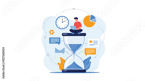 Busy man sitting on top of a giant hourglass while working on his laptop to represent time management deadlines and professional productivity.