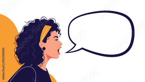 Expressive young woman with curly black hair shouting or speaking loudly into a large empty speech bubble for an important announcement message.