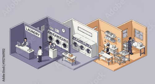 Laundry facility with washing and drying areas and office space.