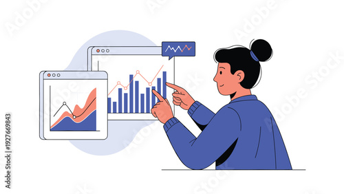 Professional female analyst pointing at various data charts and graphs displayed on two floating digital screens for a business reporting task.