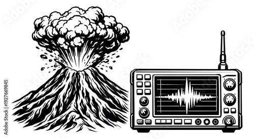 Vintage hand drawn geology set featuring an erupting volcano and a seismograph displaying a seismic wave for natural disaster studies