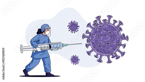 Healthcare worker in full personal protective equipment holding a large syringe while facing a massive virus cell to illustrate vaccination efforts.