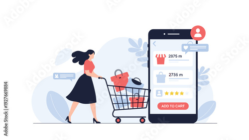 Woman pushing a shopping cart full of bags next to a large smartphone displaying online store items to represent e-commerce and digital retail.