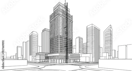 Black and White City Perspective Vector Illustration with Modern Skyscrapers, Urban Architecture Line Art, Downtown Street View Design
