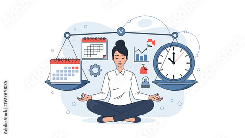 Businesswoman meditating in lotus position to achieve work life balance while balancing time and schedule on a scale.