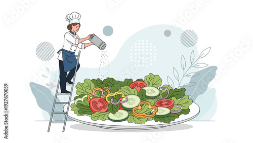 Creative illustration of a small chef standing on a ladder and seasoning a giant fresh green salad on a large plate.