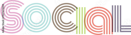 Social word illustration using vibrant line art typography and overlapping transparent elements in retro style for media