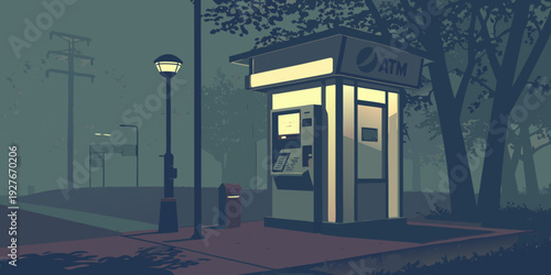 A serene evening at a bus stop under the glow of streetlights Vector