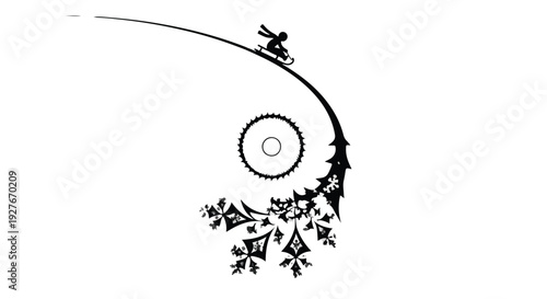 Whimsical winter fun illustration of a small rabbit character skiing down a snowy slope