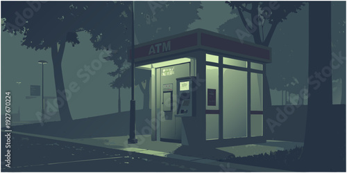 A mysterious, dimly lit bus stop in a foggy, desolate area during the night. Vector