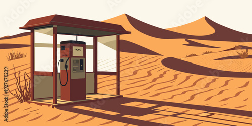 A small, rustic wooden hut stands alone in the vast, golden desert landscape. Vector