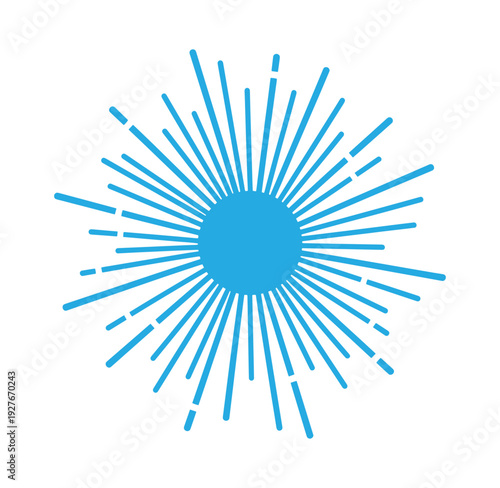 Blue sunburst design element with radiating lines from central circle symbol