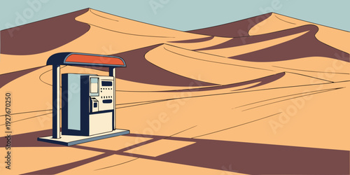 A vintage refrigerator stands alone in the vast expanse of a desert landscape. Vector
