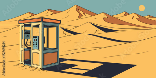 A lone telephone booth stands in the vast and barren desert landscape under a clear sky. Vector