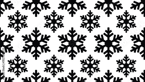 Repeating snowflake pattern in black silhouette, winter design illustration for seasonal decoration, holiday artwork, textile design, cold weather symbol, and festive vector background