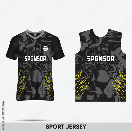 Black and gray camouflage pattern sport jersey and sleeveless shirt with yellow accents and white "SPONSOR" text, isolated on light gray background