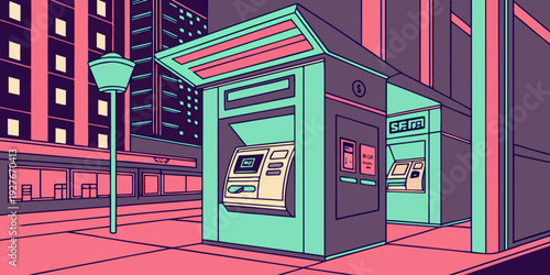 A futuristic cityscape with a prominent pink and purple color scheme. Vector