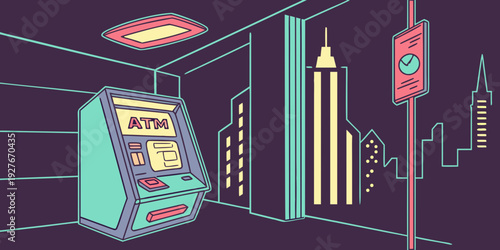 A futuristic cityscape with glowing buildings and a digital stock market display. Vector