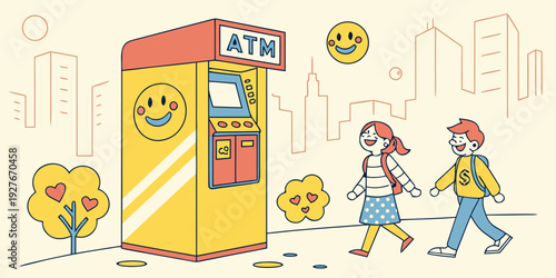 Children eagerly waiting in line to receive free money from a vending machine. Vector