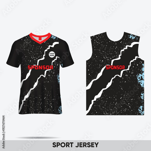Black and white abstract pattern sport jersey t-shirt and sleeveless top with red collar and sponsor text, isolated on light gray background