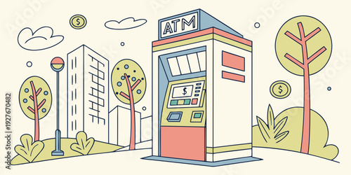 A vibrant and colorful street scene with a red post box and various buildings. Vector