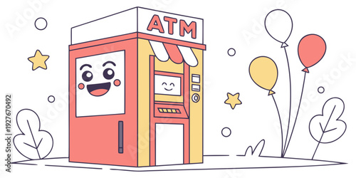 A cheerful atm machine surrounded by balloons and stars. Vector