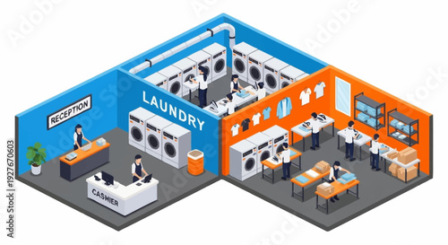 Isometric Laundry Room with Washing Machines and Dryers.
