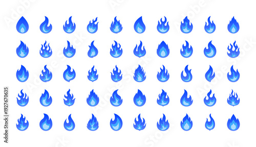 青い炎のベクターアイコンセット｜ガス火・高火力・クリーンエネルギー