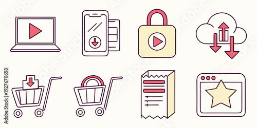 Icons representing various aspects of e-commerce and online shopping. Vector