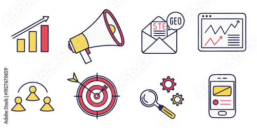 A collection of icons representing various aspects of business and marketing strategies Vector
