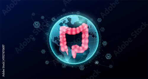 Human organ intestine in blue transparent globe. Science icons surrounded. Global there is increasing importance placed on health care. Medical world future. Vector.