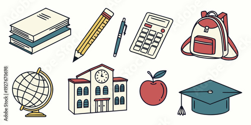 A collection of various school supplies and educational icons. Vector