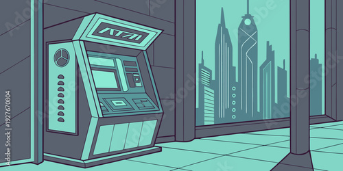 A futuristic scene with robots and holograms in a high-tech environment Vector