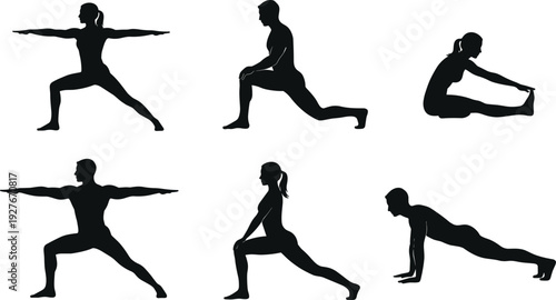 Yoga silhouette collection, men and women performing stretching fitness poses isolated on white background vector illustration set