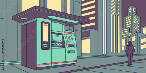 A futuristic cityscape with a blue and purple color scheme and people walking on the sidewalk. Vector