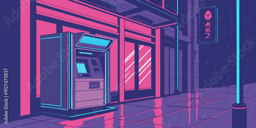 A vibrant red building with a large window and a neon sign on a city street at night Vector