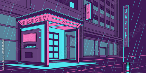 A futuristic cityscape with vibrant neon lights and towering skyscrapers at night Vector